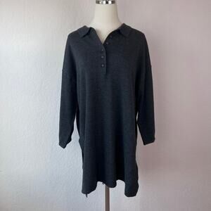 Poetry Merino Wool Blend Tunic Top Oversized Side Slits Button Collar Gray sz 8